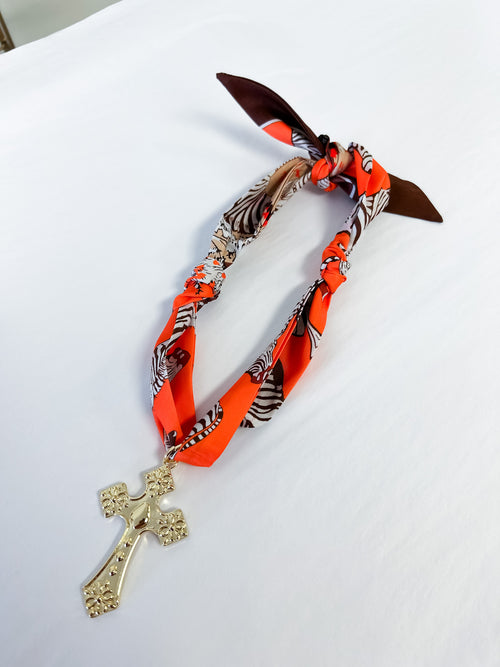 Scarf Necklace - Orange Cross