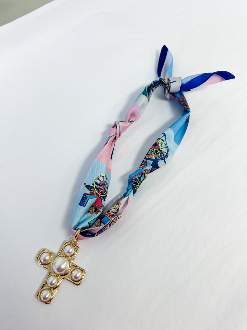 Scarf Necklace - Light Blue Pearl Cross