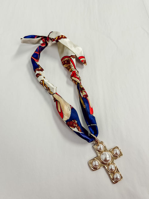Scarf Necklace - Multi Pearl Cross