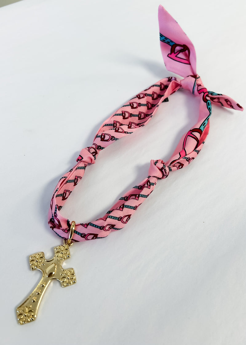 Scarf Necklace - Pink Cross