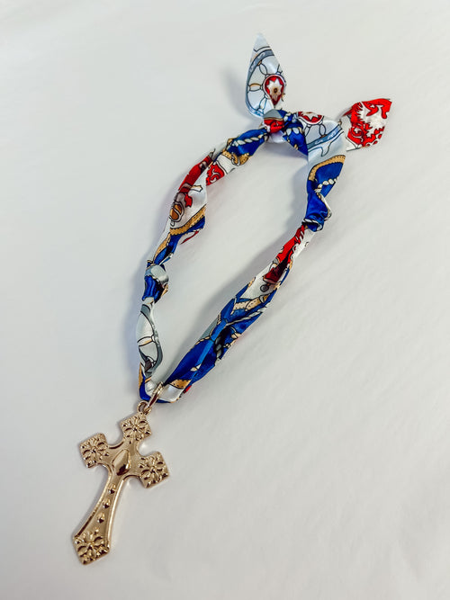 Scarf Necklace - Blue Cross