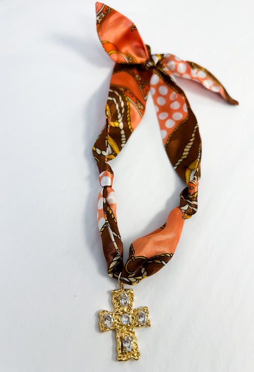 Scarf Necklace - Orange Cross