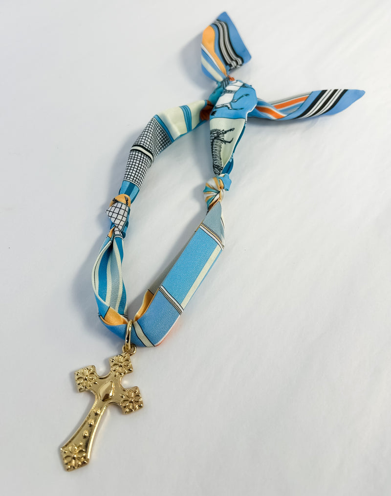 Scarf Necklace - Blue Cross