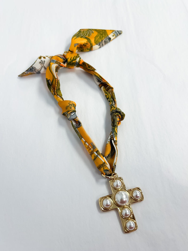 Scarf Necklace - Yellow Pearl Cross