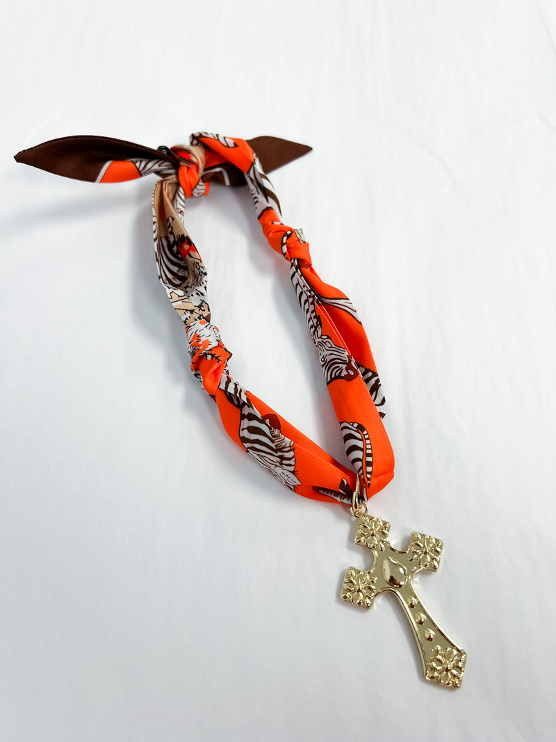 Scarf Necklace - Orange Cross