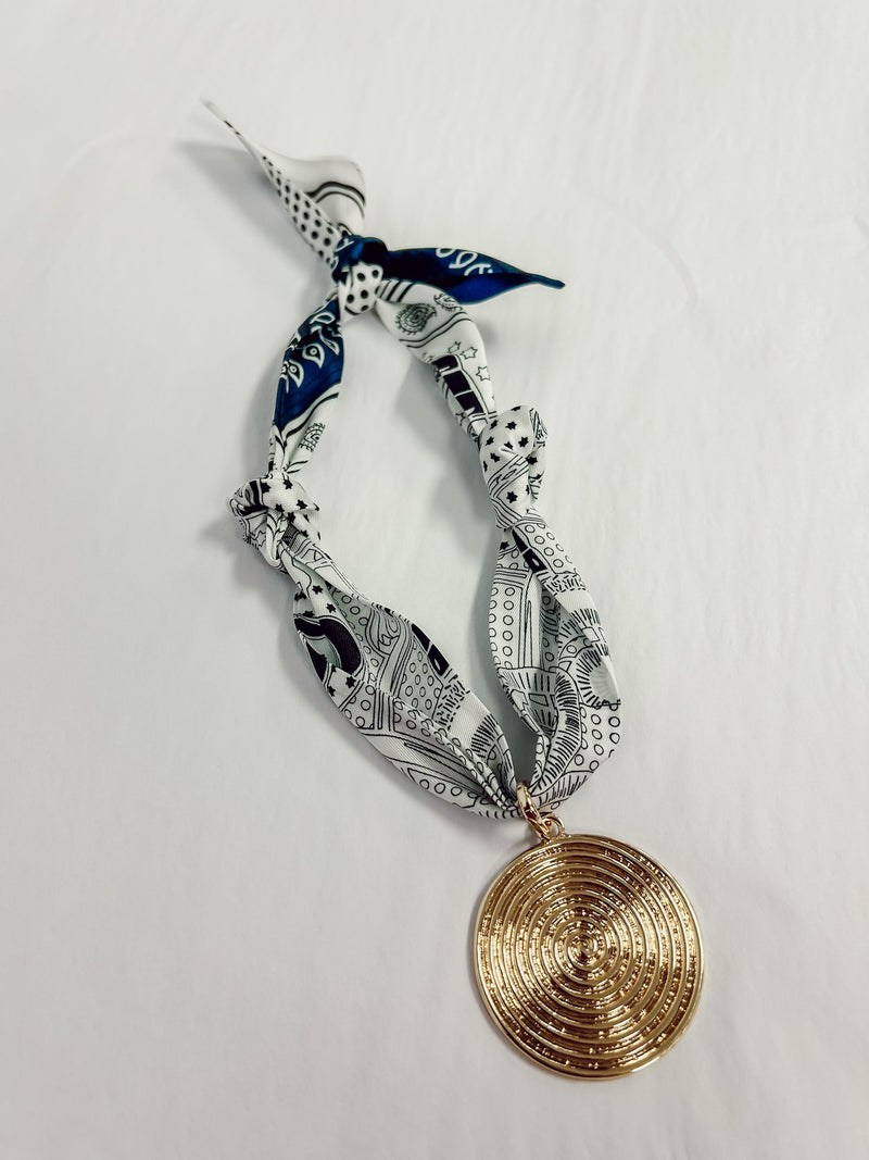 Scarf Necklace - Navy & White Disc